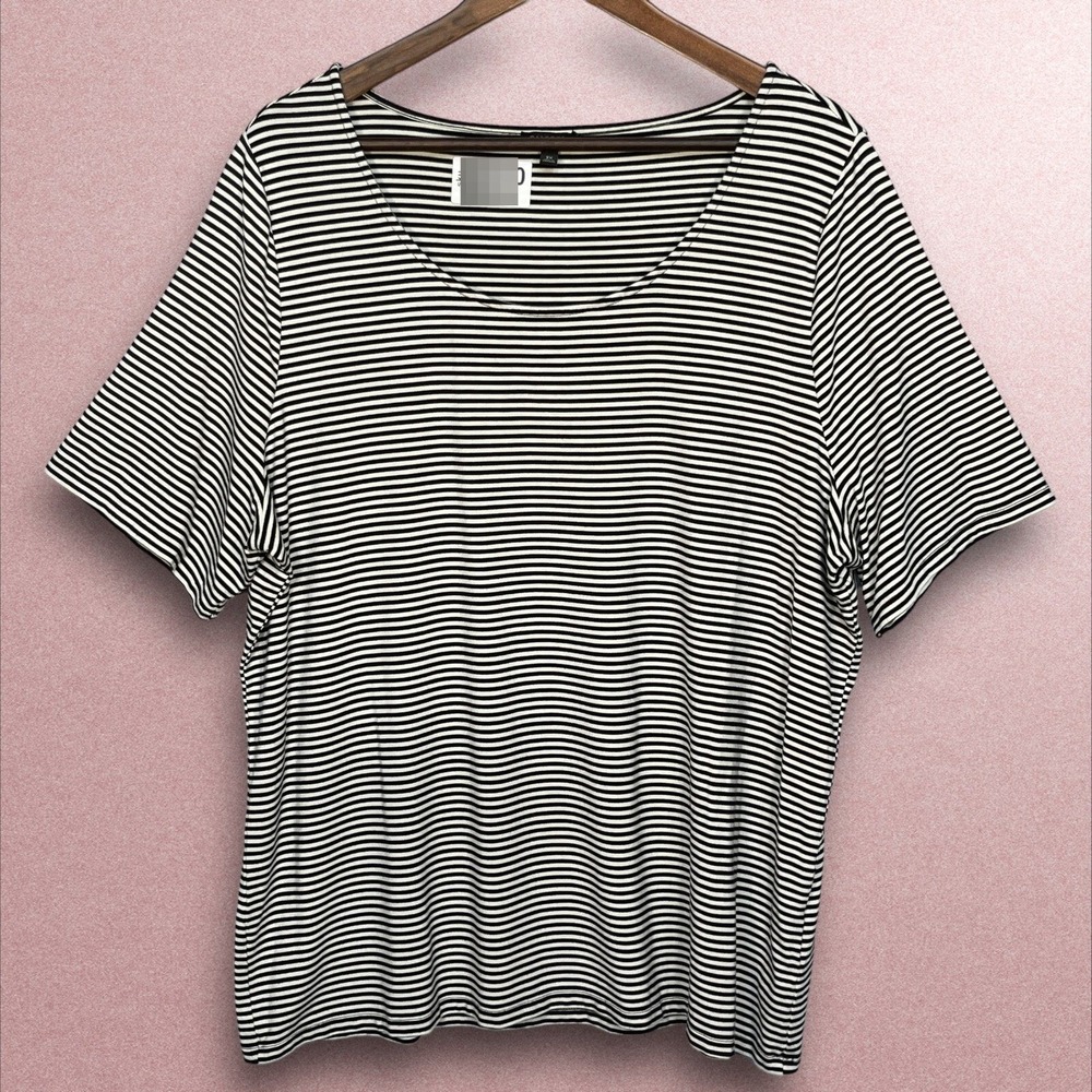 Talbots Plus Womens 2X Black White Striped Short Sleeve Scoop Neck Rayon Tee Top